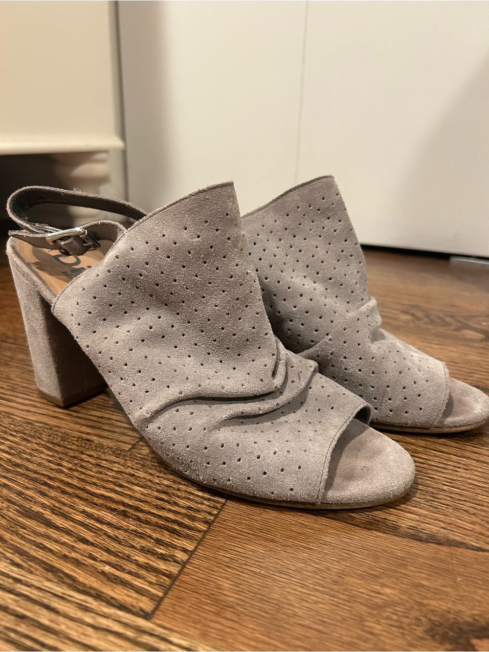 Diba Perforated Peep-Toe Block Heel Sandals in Light Gray Suede